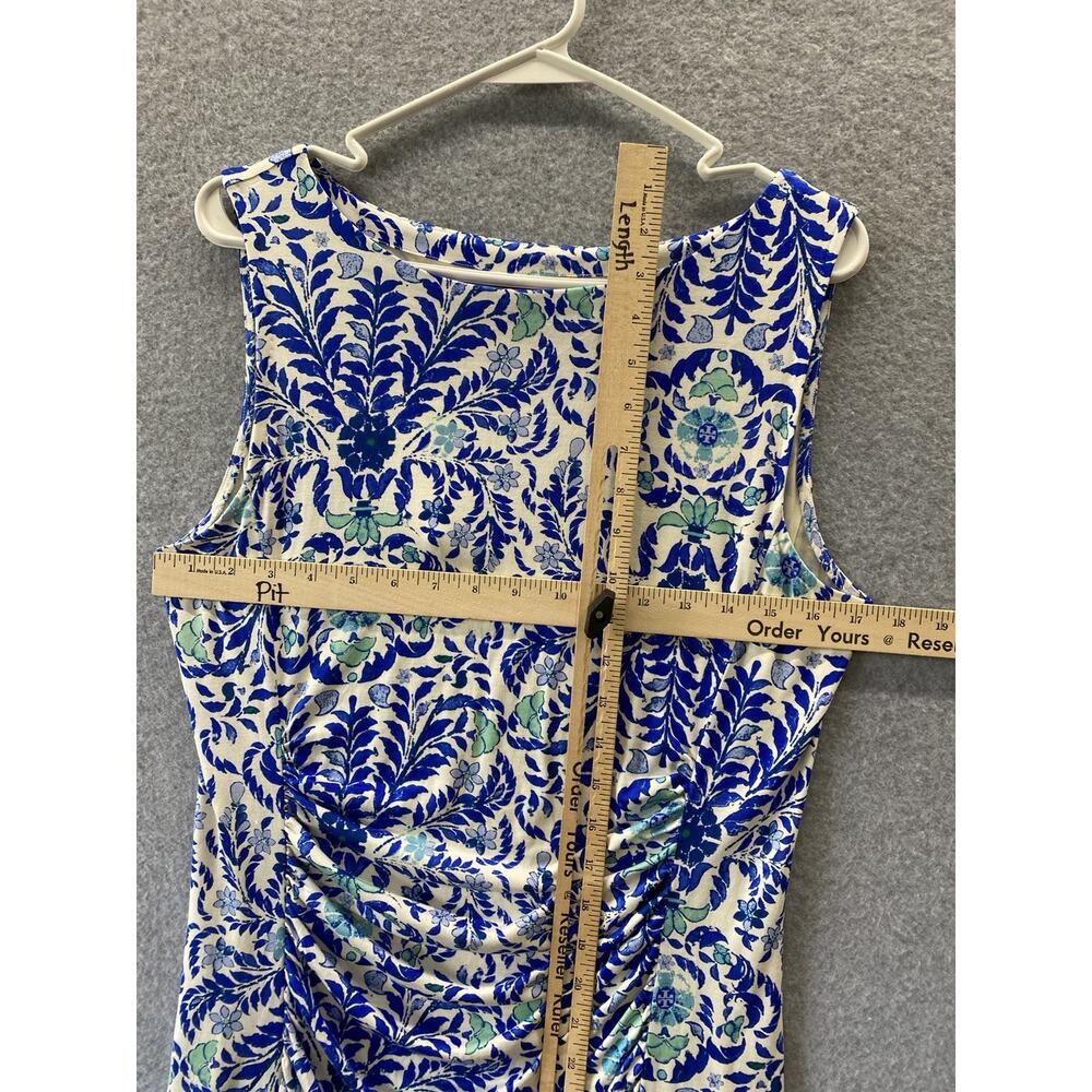 Tory Burch 100% Silk Blue White Floral Ruched Sheath Dress Women’s Large Resort - Picture 7 of 10